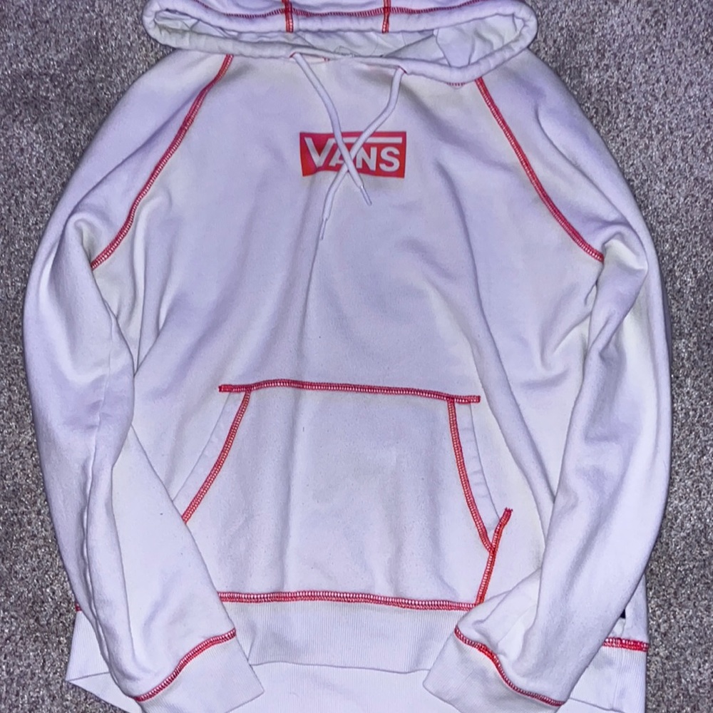 large hoodie, vans, white/red